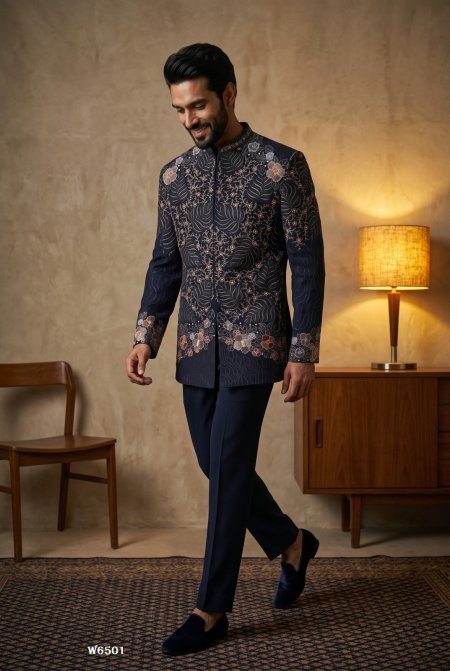 Blue Outluk Wedding Vol 65 Lachaka Embroidery Mens Indo Western W6501